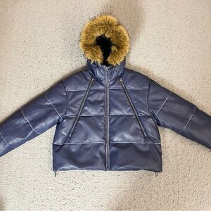 Navy Puffer Jacket with Faux Fur Trim